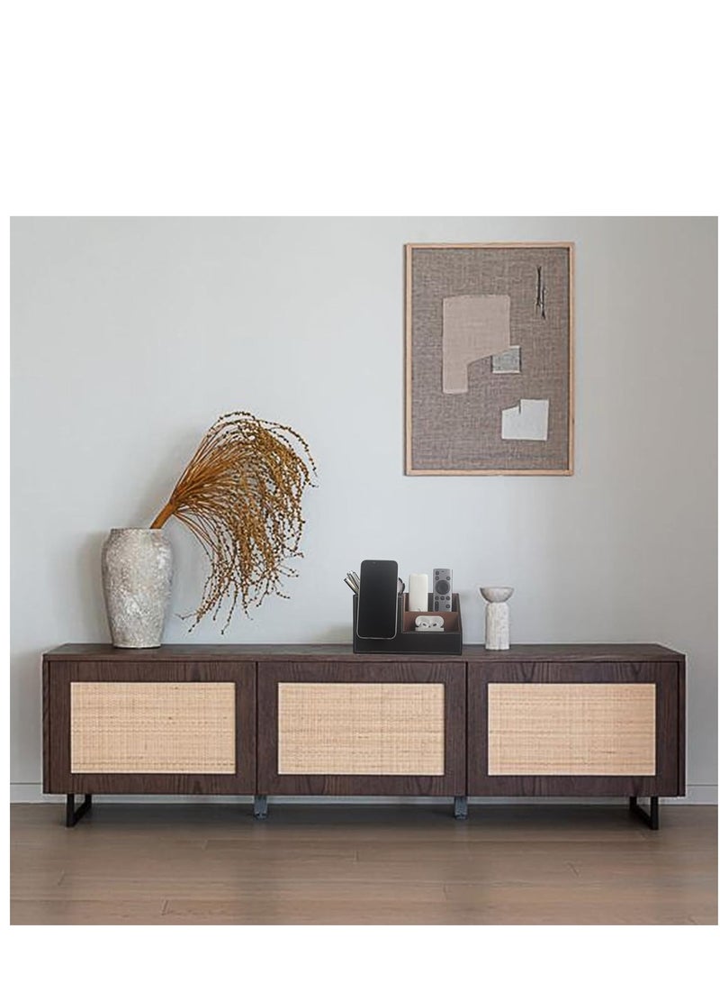 SYOSI Desk Organizer Office Supplies Caddy Pu Leather Multi-function Storage Box Pen/Pencil,Cell phone with Stainless Holder, Business Name Cards Remote Control Holder, Brown - Image 2