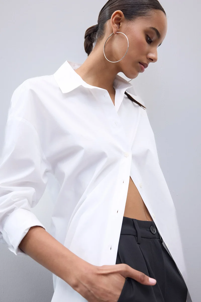 ديفاكتو Oversize Fit Shirt Collar Poplin Long Sleeve Shirt