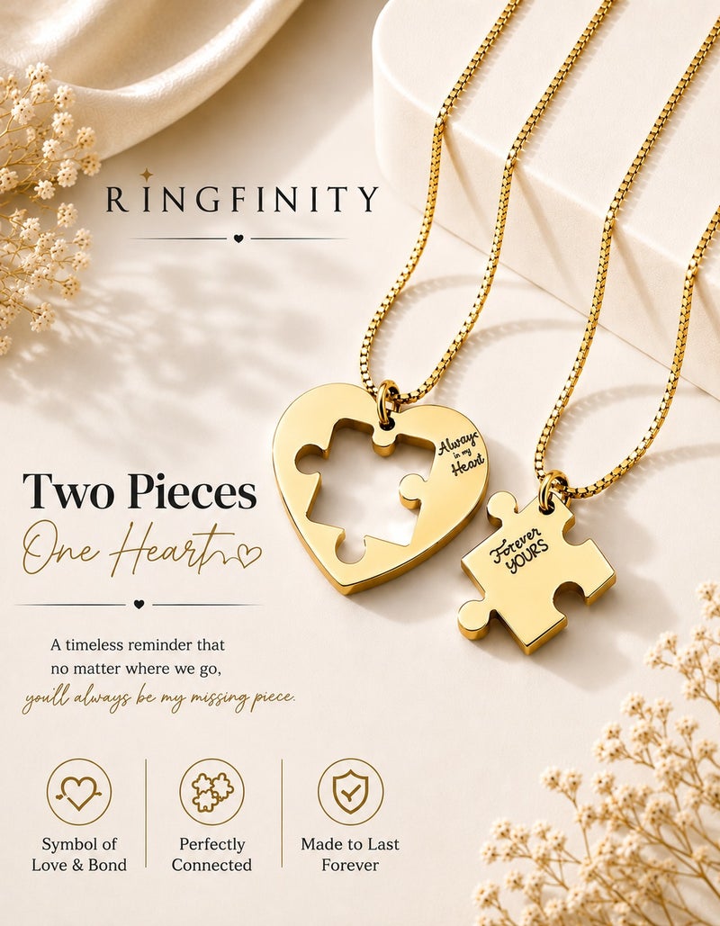 Ringfinity Matching Couple Necklace Set - Interlocking Heart Puzzle Pendants - Hypoallergenic 304L Stainless Steel Jewelry - Valentine’s Day Gift for Couples in Red Gift Box - Image 2