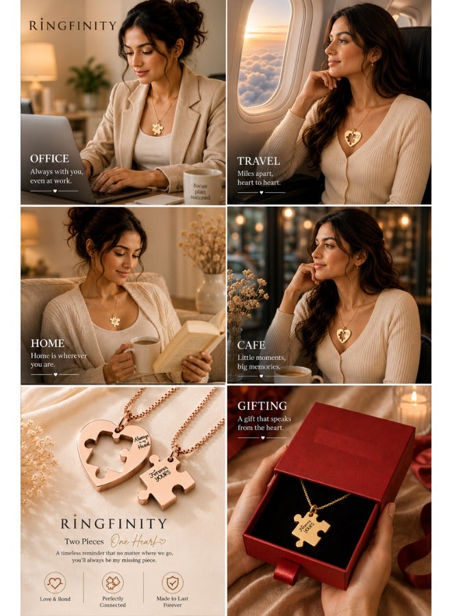 Ringfinity Matching Couple Necklace Set - Interlocking Heart Puzzle Pendants - Hypoallergenic 304L Stainless Steel Jewelry - Valentine’s Day Gift for Couples in Red Gift Box - Image 3