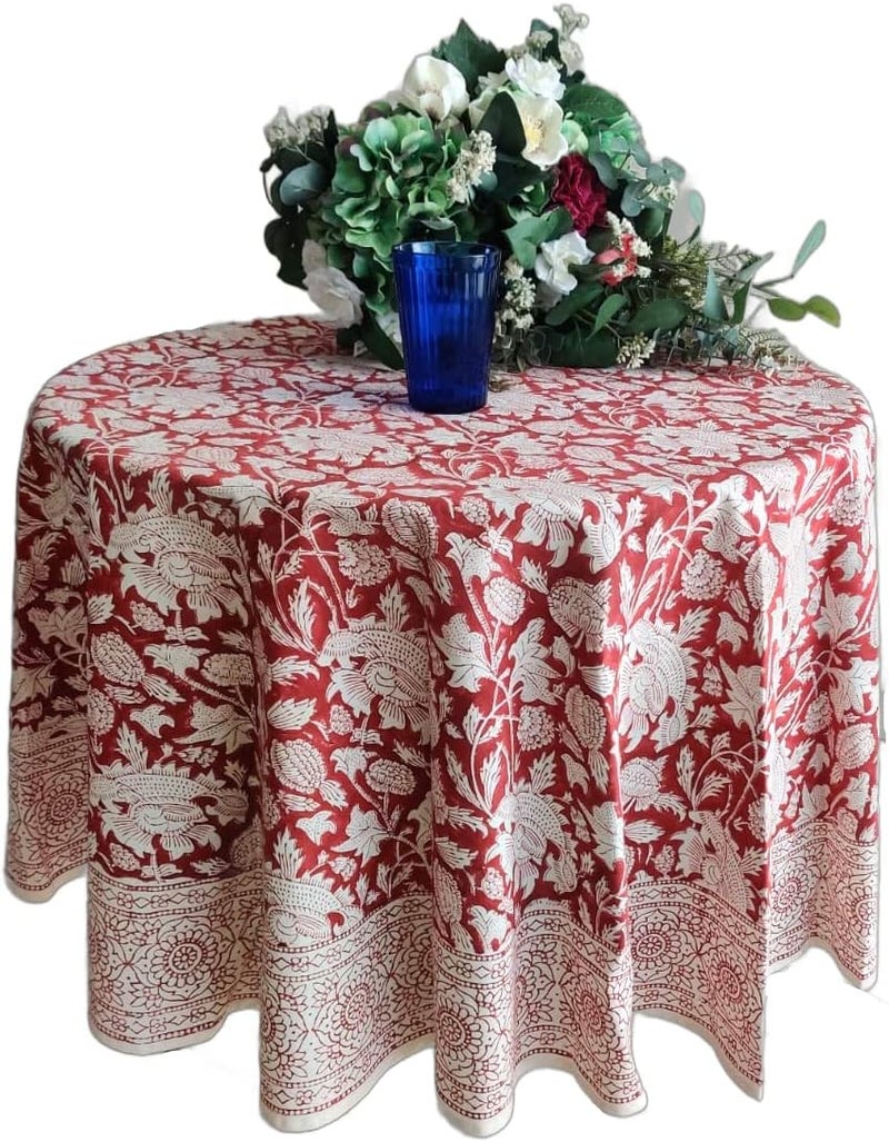 ATOSII Meraki Red 100 Cotton Round Tablecloth Handblock Print Floral Table Cloth for Kitchen Dining Linen I Parties Weddings Outdoors I 60 Inches Round I 4 Seater - Image 1