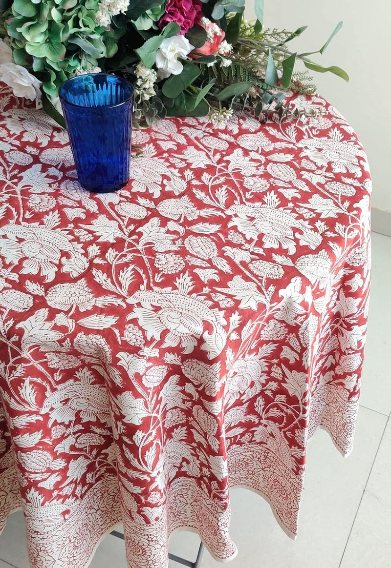 ATOSII Meraki Red 100 Cotton Round Tablecloth Handblock Print Floral Table Cloth for Kitchen Dining Linen I Parties Weddings Outdoors I 60 Inches Round I 4 Seater - Image 3