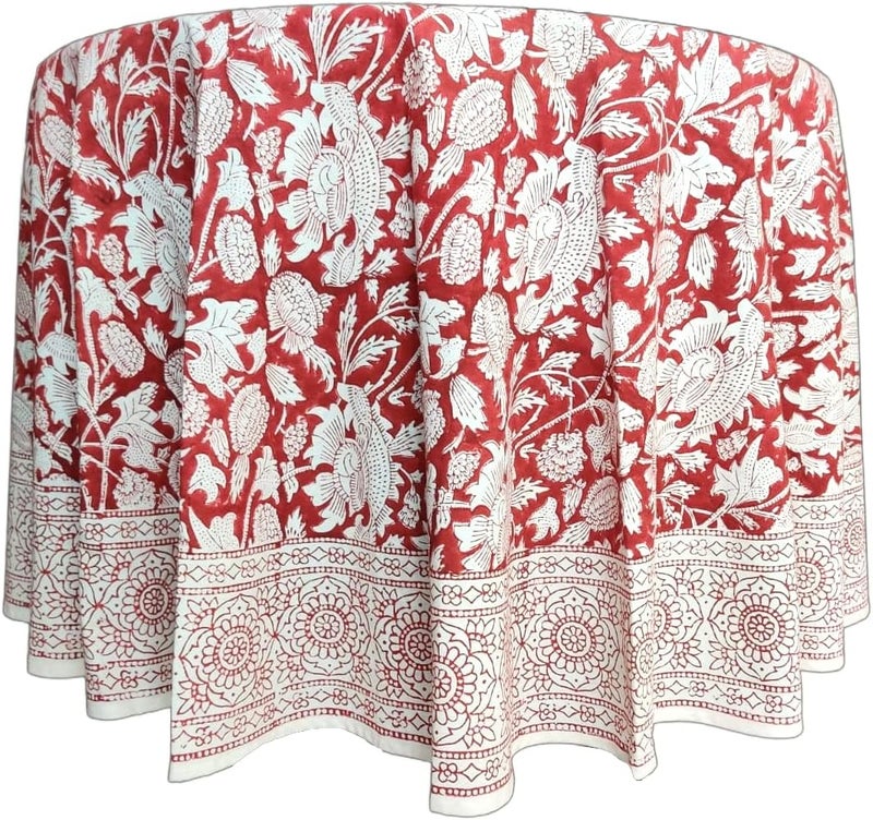 ATOSII Meraki Red 100 Cotton Round Tablecloth Handblock Print Floral Table Cloth for Kitchen Dining Linen I Parties Weddings Outdoors I 60 Inches Round I 4 Seater - Image 2