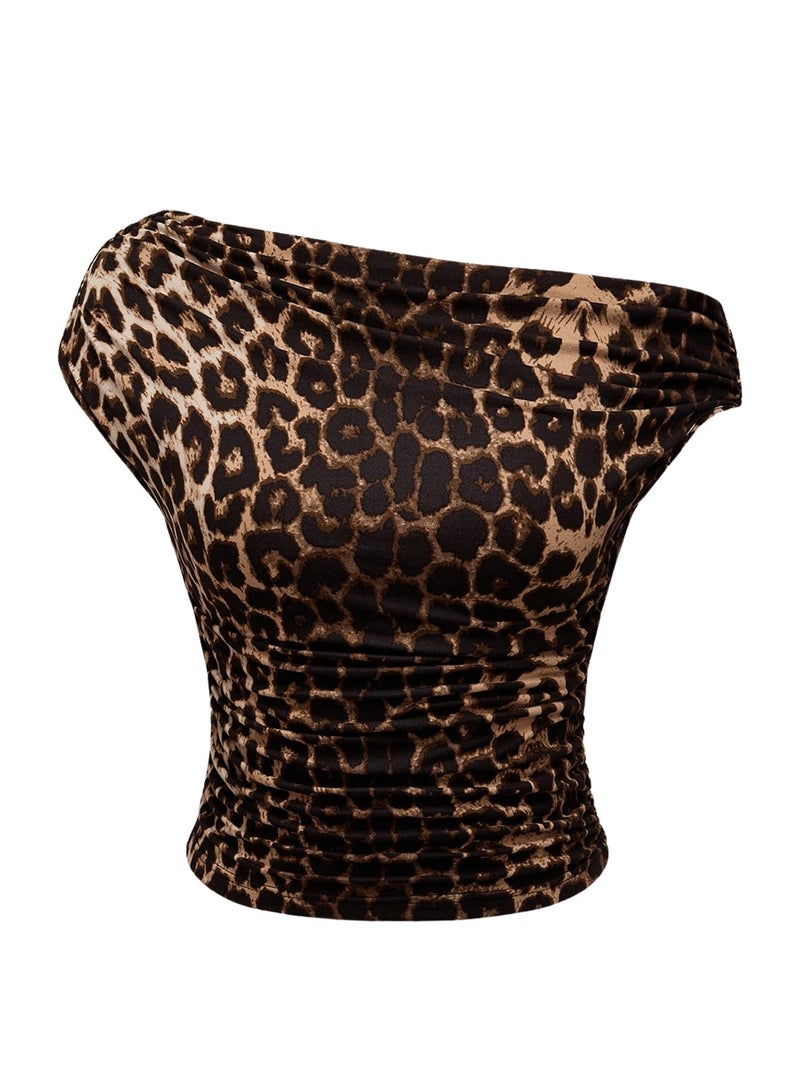 Floerns Women's Y2K Leopard Asymmetrical Neck T Shirt Sleeveless Cheetah Ruched Tee Shirts Brown Small - Image 1
