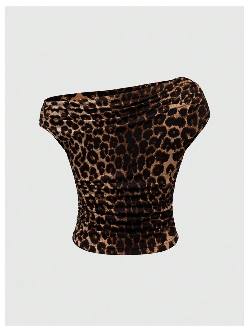 Floerns Women's Y2K Leopard Asymmetrical Neck T Shirt Sleeveless Cheetah Ruched Tee Shirts Brown Small - Image 3