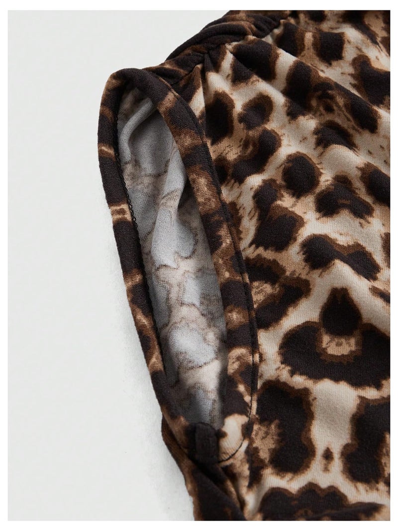 Floerns Women's Y2K Leopard Asymmetrical Neck T Shirt Sleeveless Cheetah Ruched Tee Shirts Brown Small - Image 4
