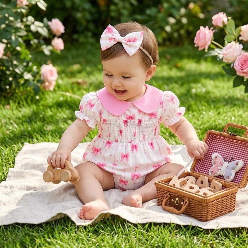 Baby Girl Bow Print Bubble Romper Peter Pan Collar Puff Sleeve Smocked Outfit with Headband Infant Clothes - Image 4