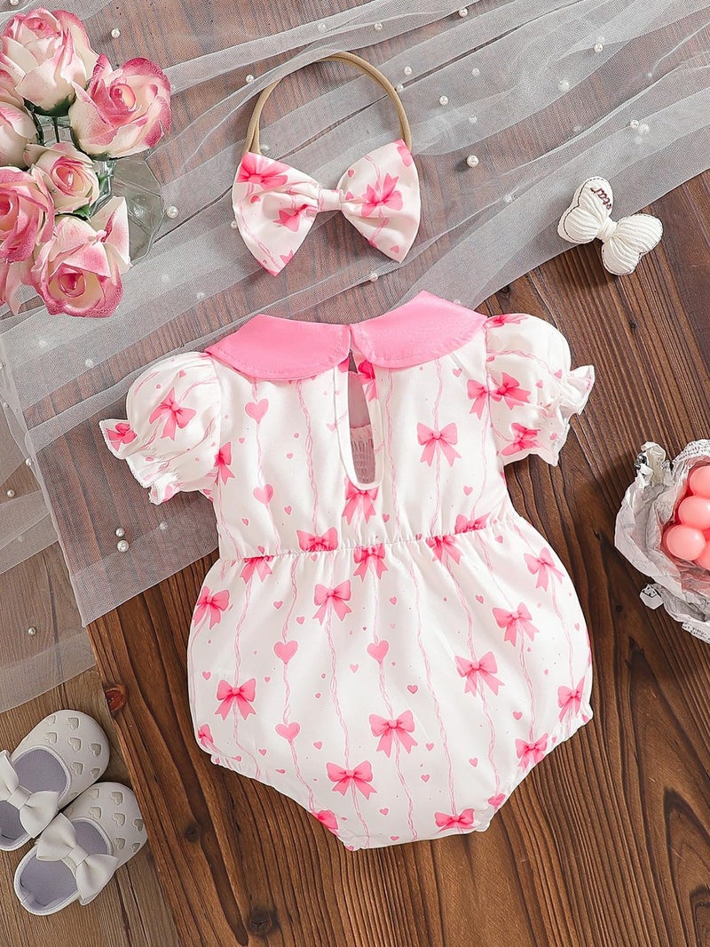 Baby Girl Bow Print Bubble Romper Peter Pan Collar Puff Sleeve Smocked Outfit with Headband Infant Clothes - Image 3