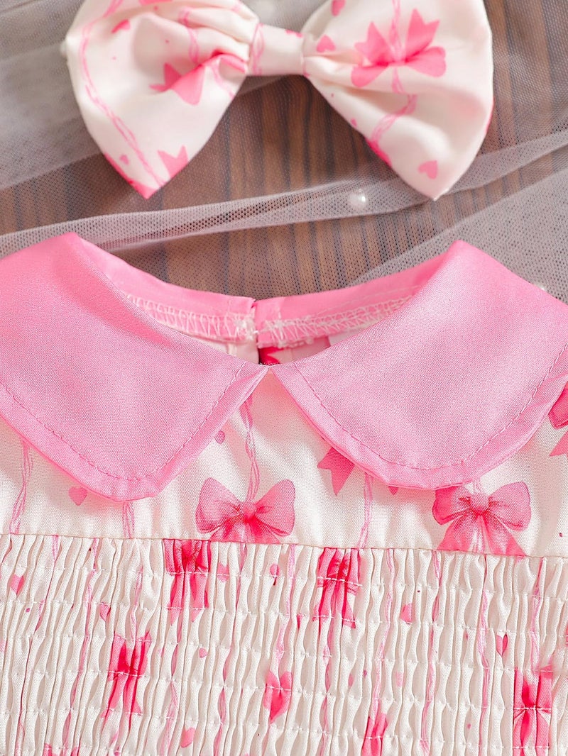 Baby Girl Bow Print Bubble Romper Peter Pan Collar Puff Sleeve Smocked Outfit with Headband Infant Clothes - Image 5