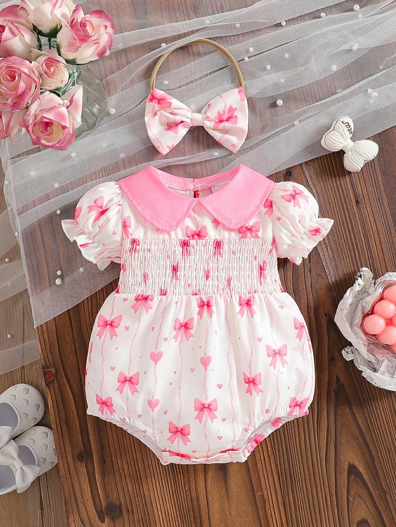 Baby Girl Bow Print Bubble Romper Peter Pan Collar Puff Sleeve Smocked Outfit with Headband Infant Clothes - Image 1