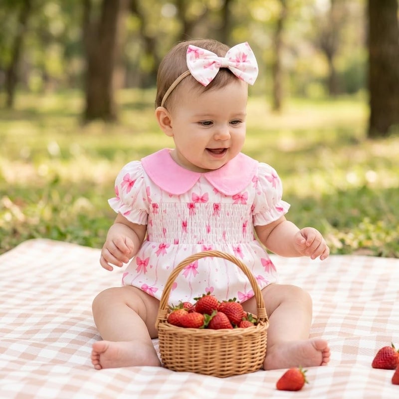 Baby Girl Bow Print Bubble Romper Peter Pan Collar Puff Sleeve Smocked Outfit with Headband Infant Clothes - Image 2