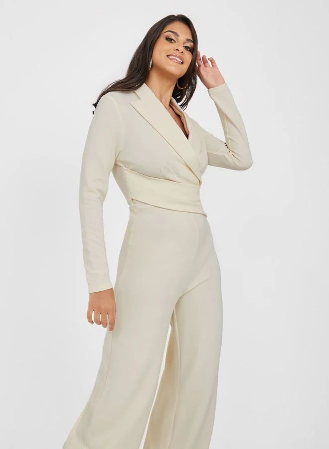Styli Textured Knit Wrap Front Wide Leg Jumpsuit
