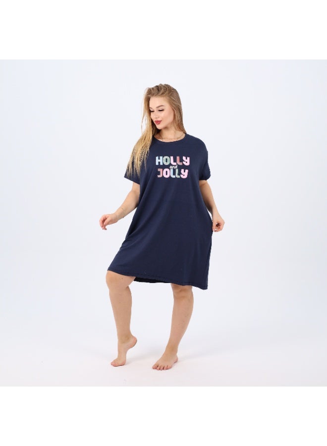 zecotex  Women’s Cotton Nightdress | Soft Short Sleeve Sleep Shirt with “Holly & Jolly” Print | Loose Fit Homewear for Comfort & Style  - Image 1
