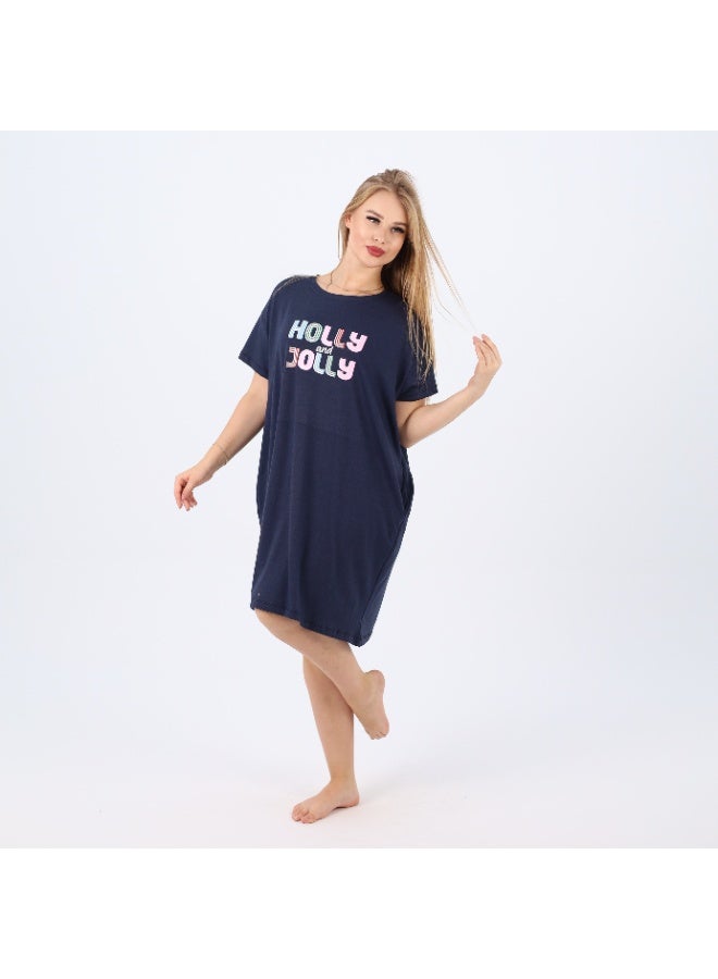 zecotex  Women’s Cotton Nightdress | Soft Short Sleeve Sleep Shirt with “Holly & Jolly” Print | Loose Fit Homewear for Comfort & Style  - Image 3