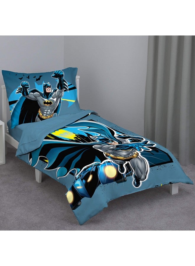 NoJo NoJo Batman - Blue Yellow & Grey 4Piece Toddler Bed Set - Comforter, Flat Top Sheet, Fitted Bottom Sheet, Reversible Pillowcase, Blue, Yellow, Black - Image 1