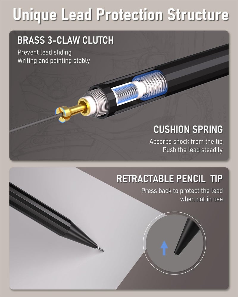Four Candies Metal Mechanical Pencils 0.5 & 0.7 mm, 2PCS Mechanical Pencils with Dual Spring, 8 Tubes Lead Refills, 2PCS 4B Erasers and 18PCS Eraser Refills, Mechanical Pencil Set for Writing Drawing - Image 3