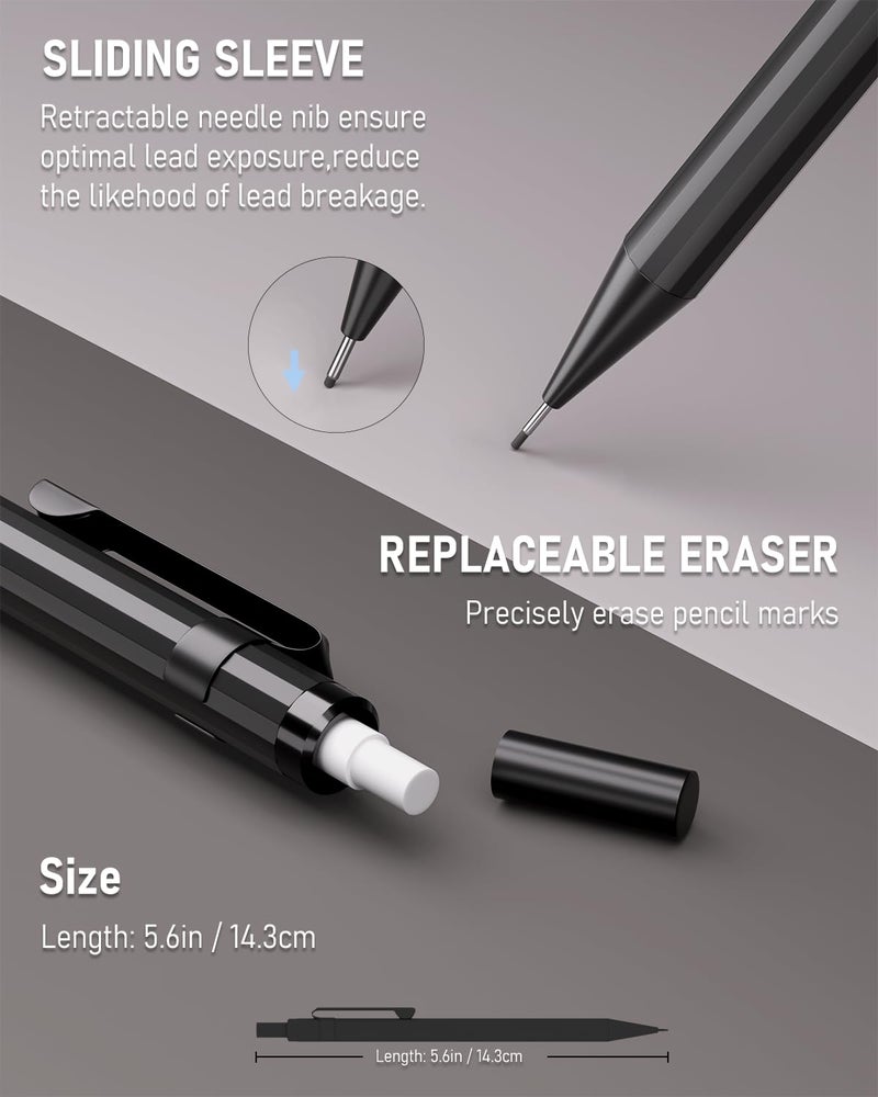 Four Candies Metal Mechanical Pencils 0.5 & 0.7 mm, 2PCS Mechanical Pencils with Dual Spring, 8 Tubes Lead Refills, 2PCS 4B Erasers and 18PCS Eraser Refills, Mechanical Pencil Set for Writing Drawing - Image 4