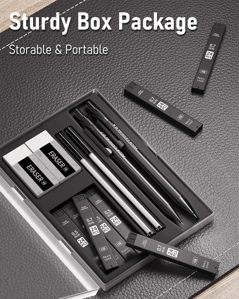 Four Candies Metal Mechanical Pencils 0.5 & 0.7 mm, 2PCS Mechanical Pencils with Dual Spring, 8 Tubes Lead Refills, 2PCS 4B Erasers and 18PCS Eraser Refills, Mechanical Pencil Set for Writing Drawing - Image 2