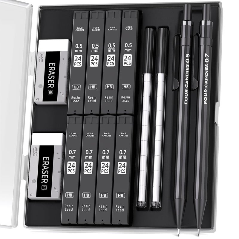 Four Candies Metal Mechanical Pencils 0.5 & 0.7 mm, 2PCS Mechanical Pencils with Dual Spring, 8 Tubes Lead Refills, 2PCS 4B Erasers and 18PCS Eraser Refills, Mechanical Pencil Set for Writing Drawing - Image 1