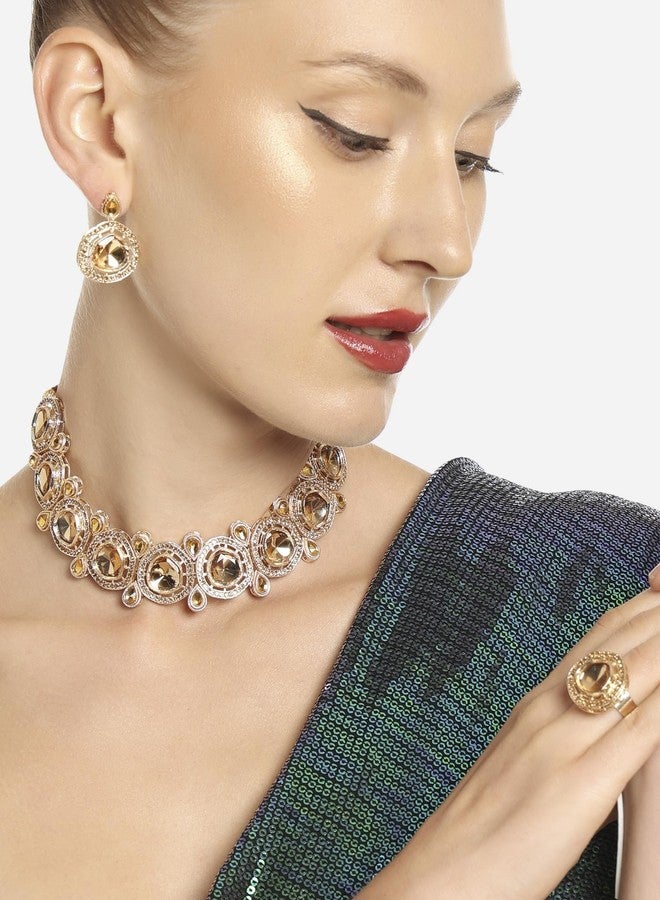 Zaveri Pearls طقم عقد وأقراط وخاتم من اللؤلؤ زافيري مطلي بالذهب، مرصع بالكوندان والألماس النمساوي، للنساء - ZPFK16627 - Image 3