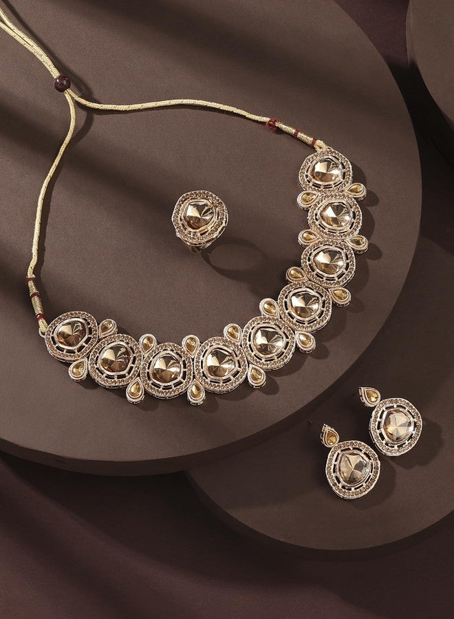 Zaveri Pearls طقم عقد وأقراط وخاتم من اللؤلؤ زافيري مطلي بالذهب، مرصع بالكوندان والألماس النمساوي، للنساء - ZPFK16627 - Image 2