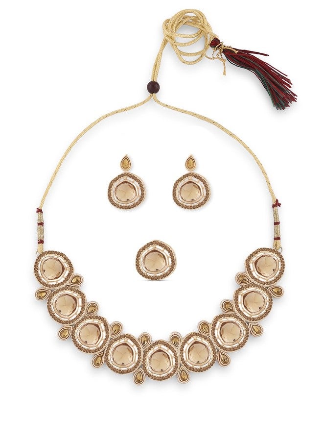 Zaveri Pearls طقم عقد وأقراط وخاتم من اللؤلؤ زافيري مطلي بالذهب، مرصع بالكوندان والألماس النمساوي، للنساء - ZPFK16627 - Image 1