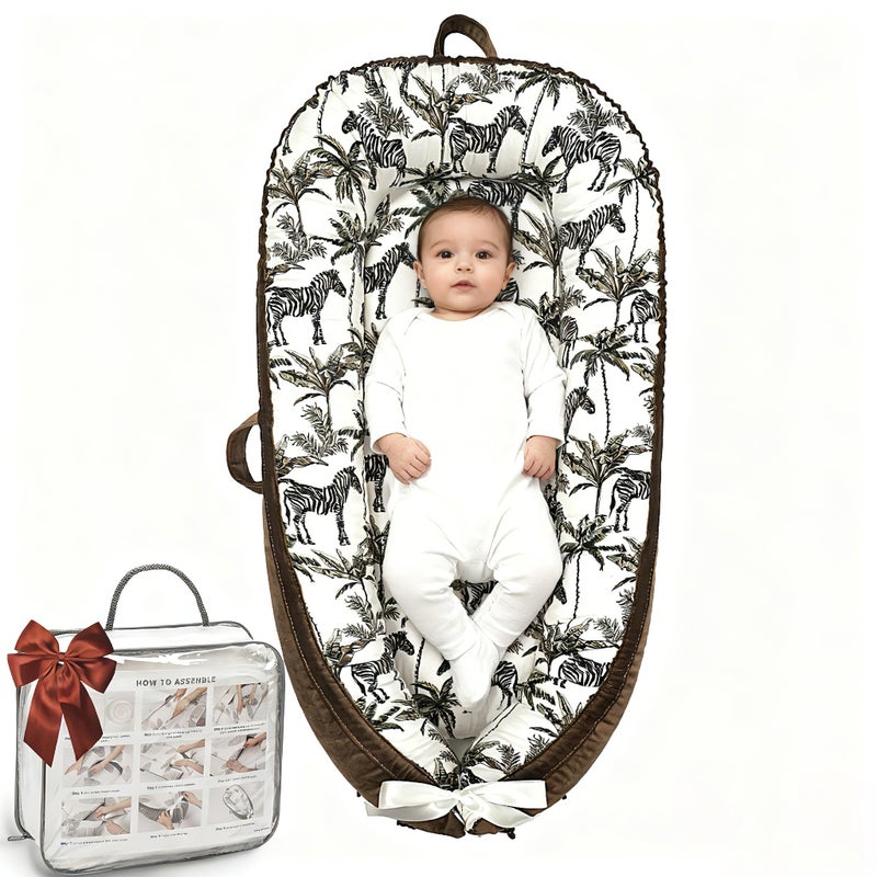 Bubbyhuts Baby Lounger-Breathable and Soft Organic 100% Cotton, Portable Infant Lounger with Removable Lounger Cover, Baby nest Lounger for Newborn - Brown Zebra - Image 1