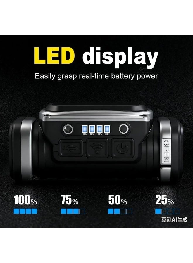 مصباح رأس LED طراز HX-T80S-COB قابل لإعادة الشحن ومزود بمستشعر حركة؛ يتميز بإضاءة بيضاء وحمراء، و4 أوضاع للإضاءة، وتقنية COB المغناطيسية، وزاوية قابلة للتعديل، ومنفذ شحن USB Type-C، وبطارية 18650؛ مناسب لصيد الأسماك والتخييم والعمل وحالات الطوارئ. - Image 2