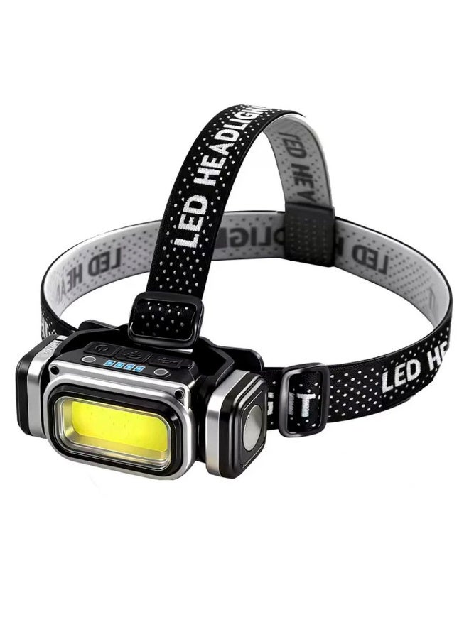 مصباح رأس LED طراز HX-T80S-COB قابل لإعادة الشحن ومزود بمستشعر حركة؛ يتميز بإضاءة بيضاء وحمراء، و4 أوضاع للإضاءة، وتقنية COB المغناطيسية، وزاوية قابلة للتعديل، ومنفذ شحن USB Type-C، وبطارية 18650؛ مناسب لصيد الأسماك والتخييم والعمل وحالات الطوارئ. - Image 1
