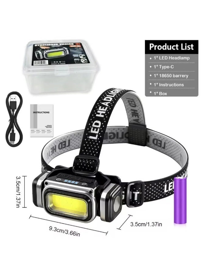 مصباح رأس LED طراز HX-T80S-COB قابل لإعادة الشحن ومزود بمستشعر حركة؛ يتميز بإضاءة بيضاء وحمراء، و4 أوضاع للإضاءة، وتقنية COB المغناطيسية، وزاوية قابلة للتعديل، ومنفذ شحن USB Type-C، وبطارية 18650؛ مناسب لصيد الأسماك والتخييم والعمل وحالات الطوارئ. - Image 5