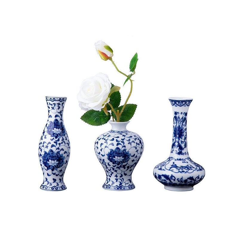 Set of 3 Small Blue  White Porcelain Vases Fambe Glaze Porcelain Vases Set of 3 Classic Ceramic Flower Vases for Home Dcor