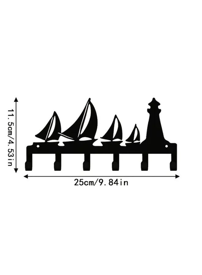 حامل مفاتيح ديكور بحري أسود قارب شراعي منارة خطاف معدلي منظف حائط - Image 4