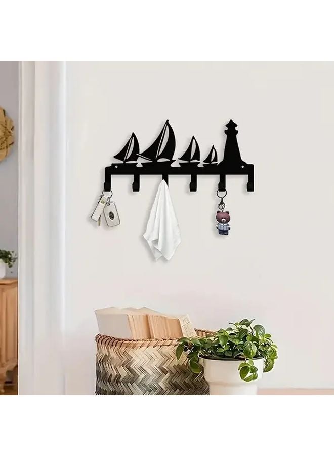 حامل مفاتيح ديكور بحري أسود قارب شراعي منارة خطاف معدلي منظف حائط - Image 3