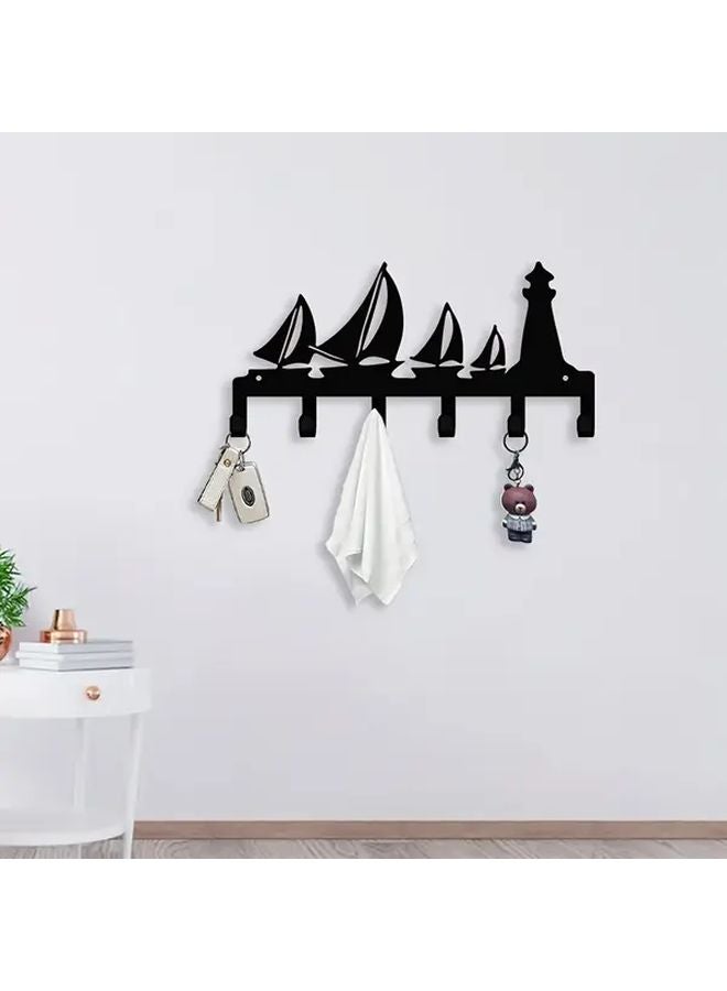 حامل مفاتيح ديكور بحري أسود قارب شراعي منارة خطاف معدلي منظف حائط - Image 5