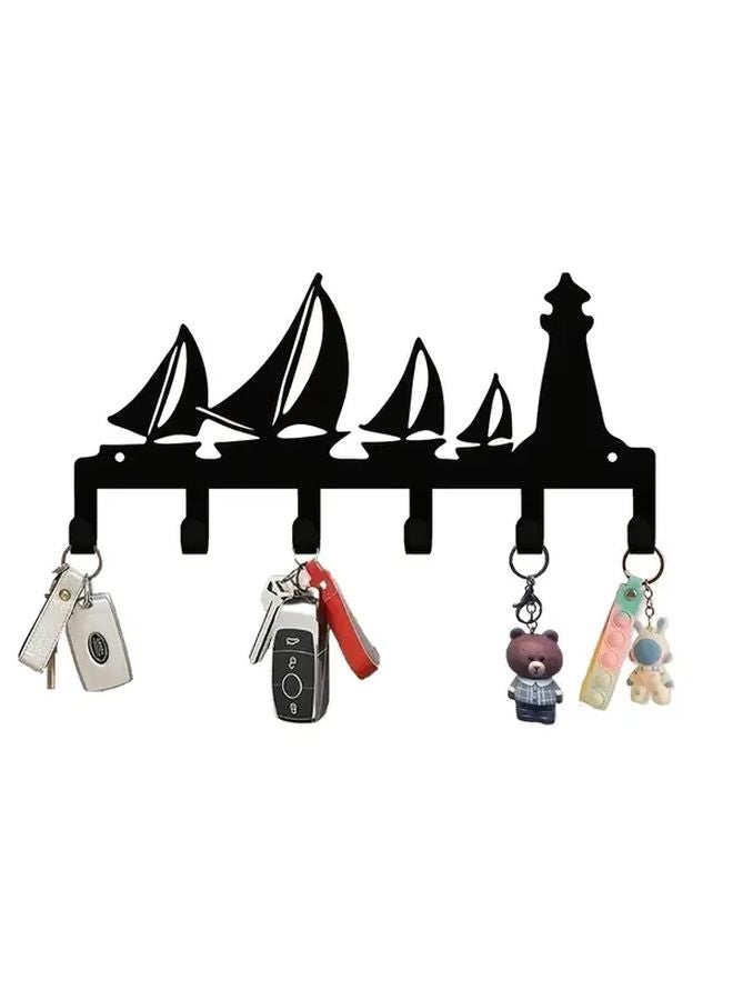 حامل مفاتيح ديكور بحري أسود قارب شراعي منارة خطاف معدلي منظف حائط - Image 2