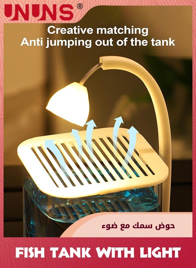 UNUNS Small Desktop Ornaments,With LED light Anti-trip Tank With Lid, Small Fish Tank With Ceiling Light And Adjustable Brightness,10×10×24.5cm - Image 2