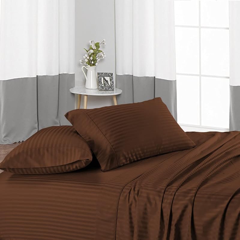 EASY BEDDING EASY BEDDING Super Soft Cooling Bamboo Bed Sheet Set 4 Piece 100 Bamboo Material Fits Up to 8 Deep Pocket Fitted SheetHotel Quality Bamboo BedsheetsChocolate StripeKing Size  - Image 4
