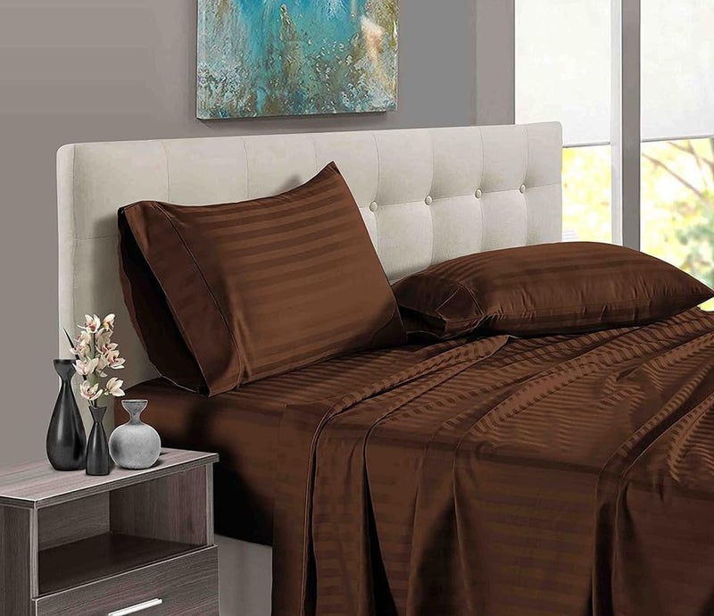 EASY BEDDING EASY BEDDING Super Soft Cooling Bamboo Bed Sheet Set 4 Piece 100 Bamboo Material Fits Up to 8 Deep Pocket Fitted SheetHotel Quality Bamboo BedsheetsChocolate StripeKing Size  - Image 1