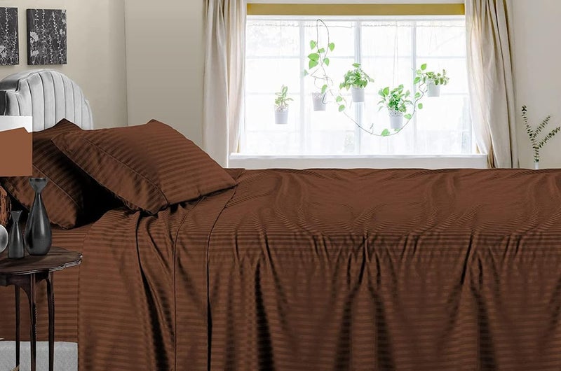 EASY BEDDING EASY BEDDING Super Soft Cooling Bamboo Bed Sheet Set 4 Piece 100 Bamboo Material Fits Up to 8 Deep Pocket Fitted SheetHotel Quality Bamboo BedsheetsChocolate StripeKing Size  - Image 2