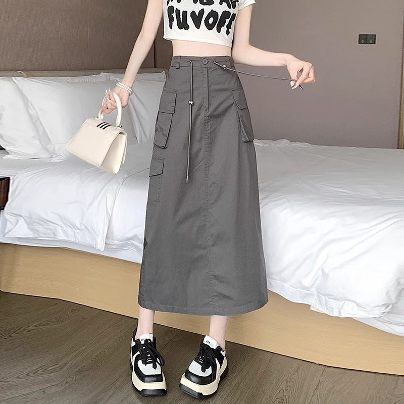 Cross-border Foreign Trade American Retro Split Workwear Skirt Womens Summer New Mid-length High Waist Drawstring Dress Dark gray - Image 4