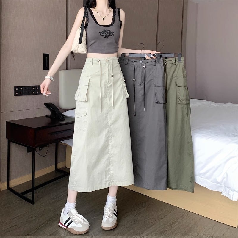 Cross-border Foreign Trade American Retro Split Workwear Skirt Womens Summer New Mid-length High Waist Drawstring Dress Dark gray - Image 3
