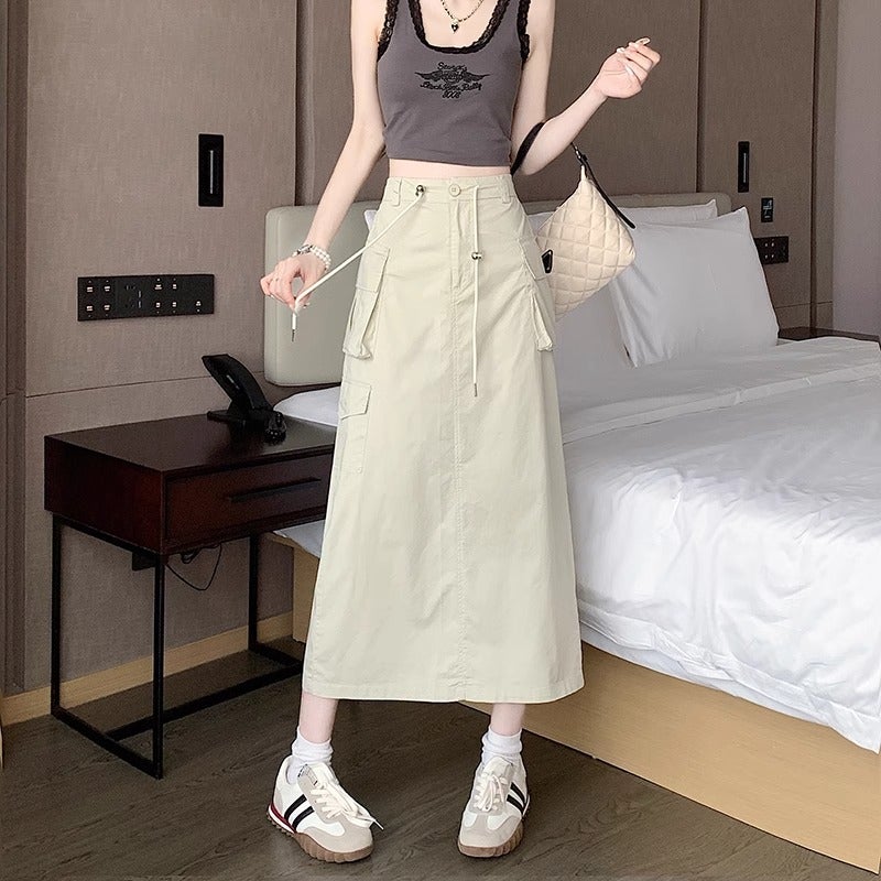 Cross-border Foreign Trade American Retro Split Workwear Skirt Womens Summer New Mid-length High Waist Drawstring Dress Dark gray - Image 5