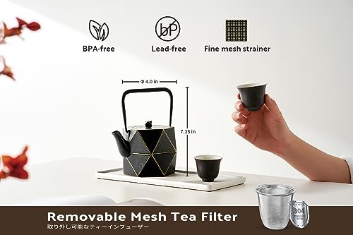 Toptier Cast Iron Teapot, Stovetop Safe Japanese Cast Iron Tea Kettle, Diamond Design Tea Pot with Removable Infuser for Loose Tea, 30 Ounce (900 ml), Black - Image 4