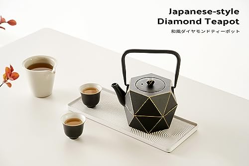 Toptier Cast Iron Teapot, Stovetop Safe Japanese Cast Iron Tea Kettle, Diamond Design Tea Pot with Removable Infuser for Loose Tea, 30 Ounce (900 ml), Black - Image 2