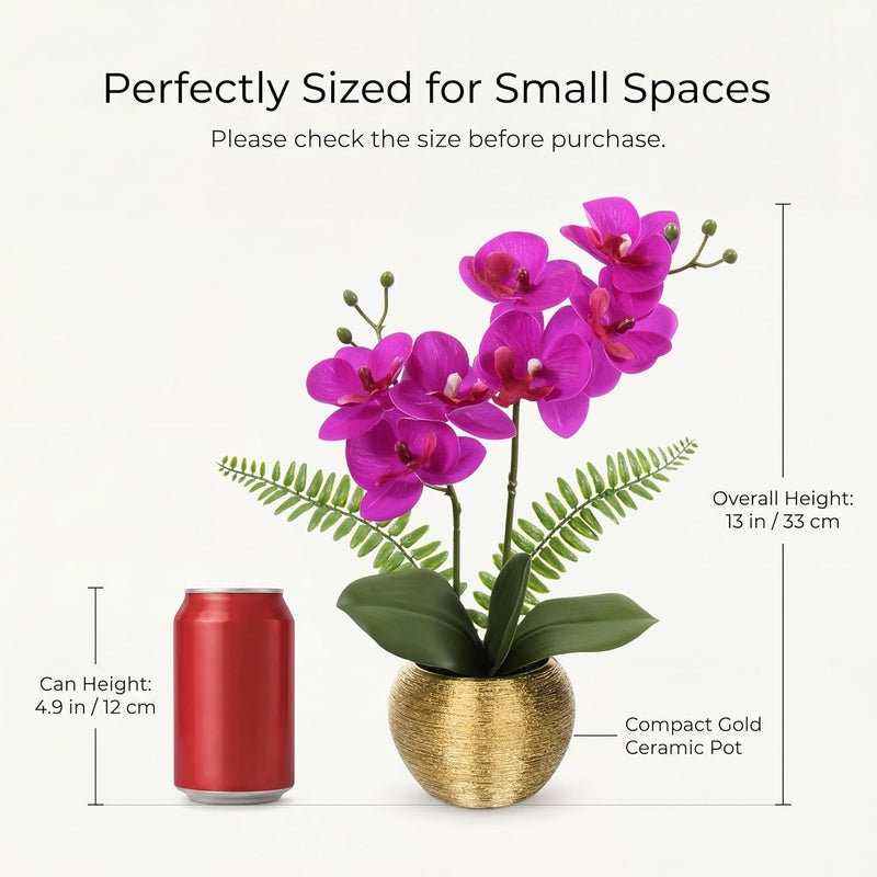 Briful Fake Orchid Flowers 13'' Hot Pink Orchids Artificial Flowers with Gold Ceramic Vase Faux Orchid for Home Office Table Centerpiece Decor Indoor - Image 2