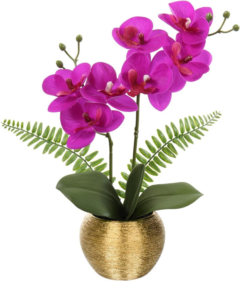 Briful Fake Orchid Flowers 13'' Hot Pink Orchids Artificial Flowers with Gold Ceramic Vase Faux Orchid for Home Office Table Centerpiece Decor Indoor - Image 1