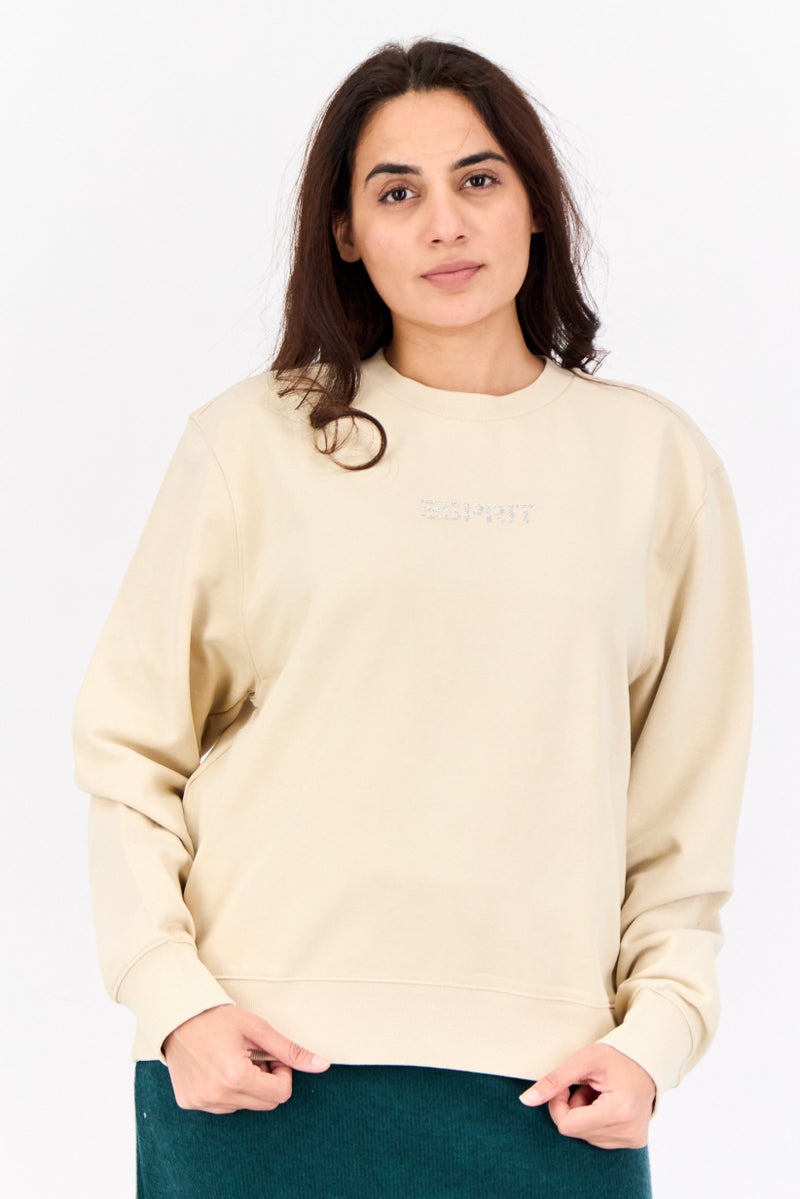 ESPRIT Women Crew Neck Solid Long Sleeves Sweatshirt, Beige - Image 1