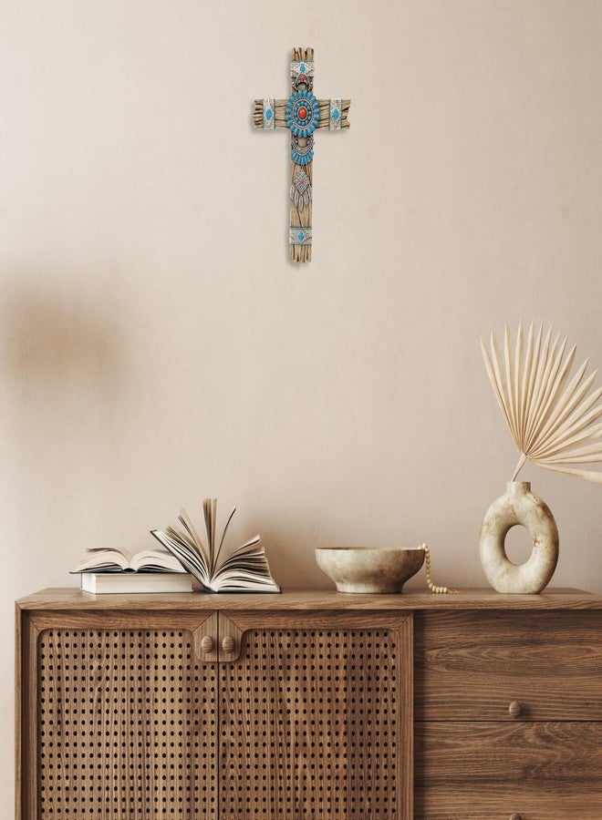 AMAJY Southwest Native American Dream Catcher Wall Cross with Turquoise Faux Gemstone - Rustic Faux Wood Design - Inspirational Cross for Rustic, Cabin, or Boho Interiors - Easy to Mount Religious Gift - Image 4