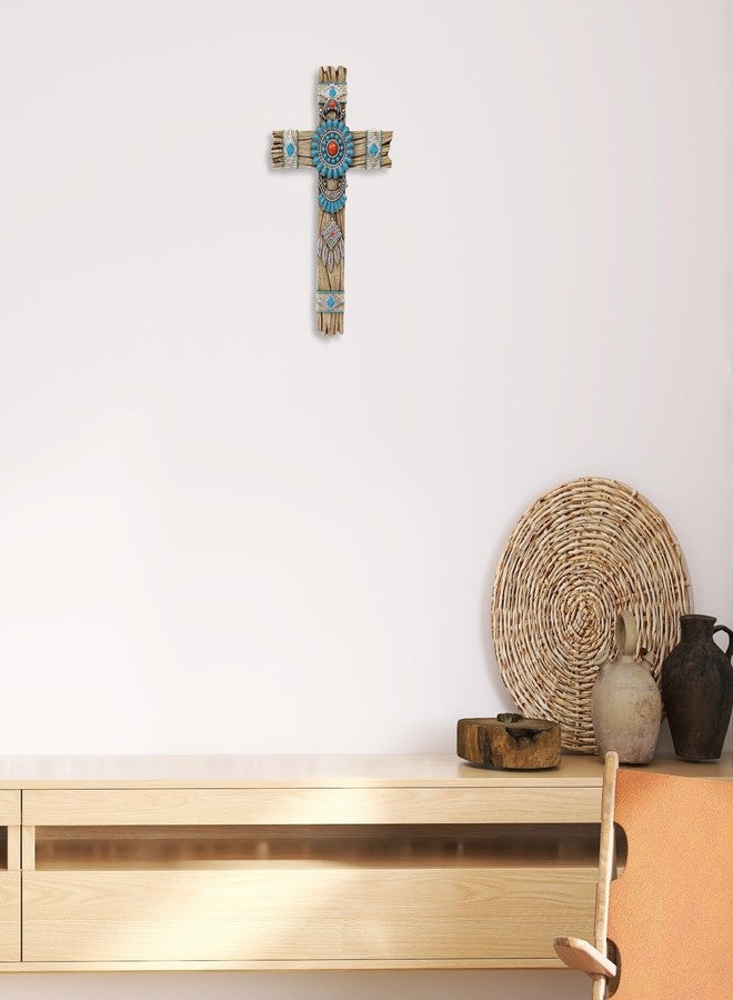AMAJY Southwest Native American Dream Catcher Wall Cross with Turquoise Faux Gemstone - Rustic Faux Wood Design - Inspirational Cross for Rustic, Cabin, or Boho Interiors - Easy to Mount Religious Gift - Image 3