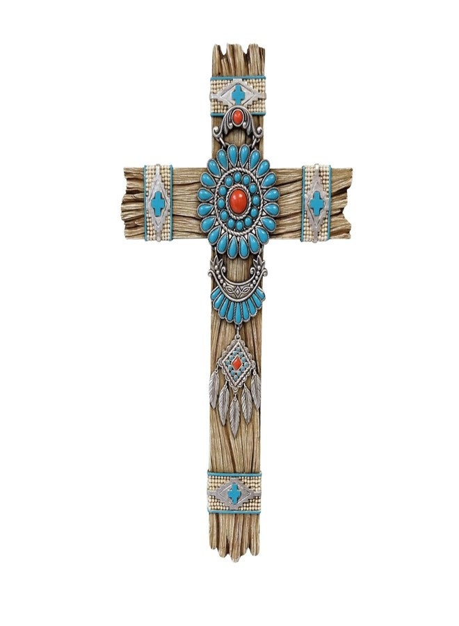 AMAJY Southwest Native American Dream Catcher Wall Cross with Turquoise Faux Gemstone - Rustic Faux Wood Design - Inspirational Cross for Rustic, Cabin, or Boho Interiors - Easy to Mount Religious Gift - Image 1
